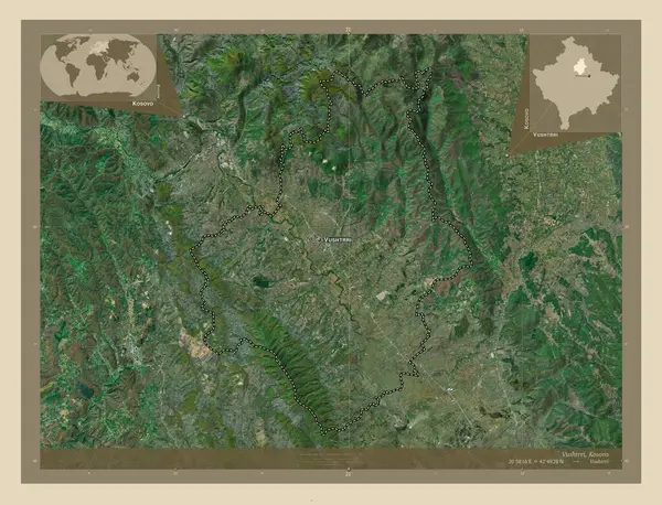 ブシュトリ コソボの自治体 高解像度衛星地図 地域の主要都市の位置と名前 コーナー補助位置図 — ストック写真