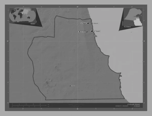 クウェートのアル アフマディー州 湖や川と二階の標高マップ 地域の主要都市の位置と名前 コーナー補助位置図 — ストック写真