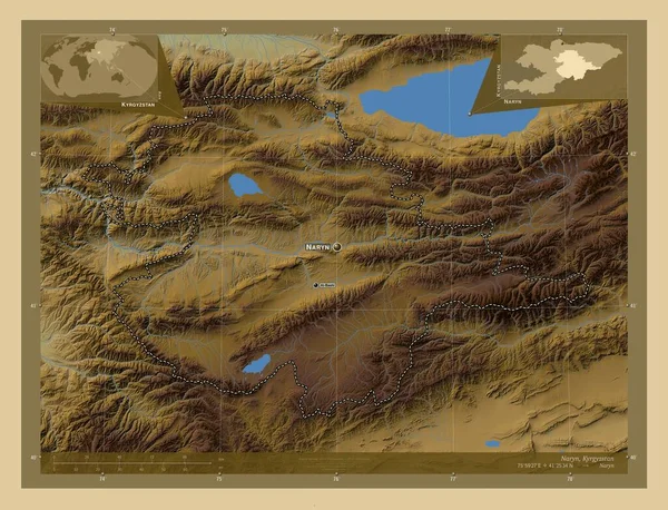 Нарын Провинция Кыргызстан Цветная Карта Высоты Озерами Реками Места Названия — стоковое фото