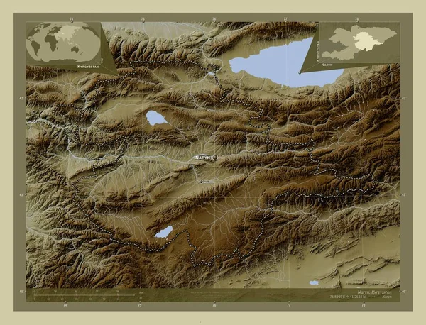 Naryn Okres Kyrgyzstán Zdvihová Mapa Zbarvená Stylu Wiki Jezery Řekami — Stock fotografie
