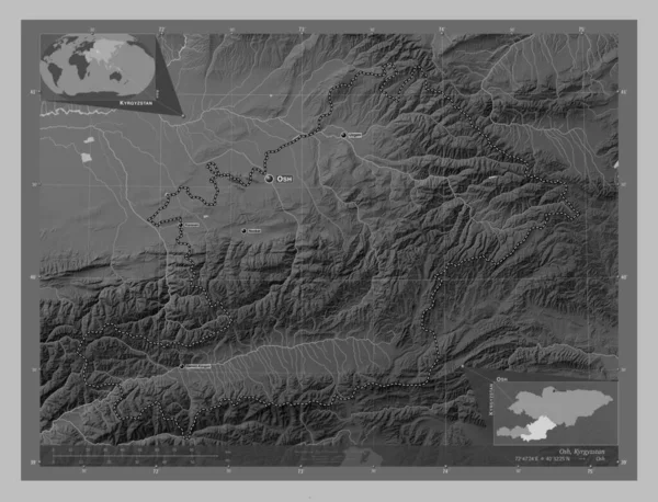 Osh Kirgizistan Grayscale Höjdkarta Med Sjöar Och Floder Platser Och — Stockfoto