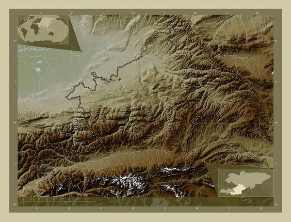 Osh Ciudad Kirguistán Mapa Elevación Coloreado Estilo Wiki Con Lagos —  Fotos de Stock