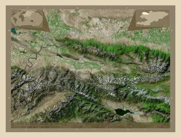 吉尔吉斯斯坦塔拉斯省 高分辨率卫星地图 该区域主要城市的所在地点 角辅助位置图 — 图库照片