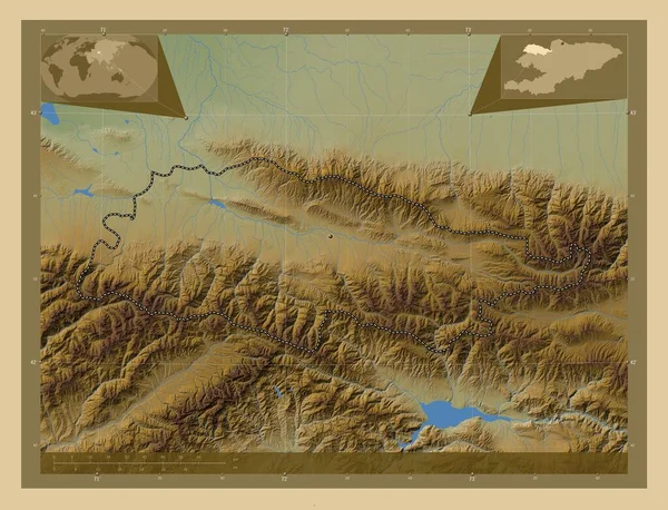 Talas Province Kirghizistan Carte Altitude Colorée Avec Lacs Rivières Emplacements — Photo