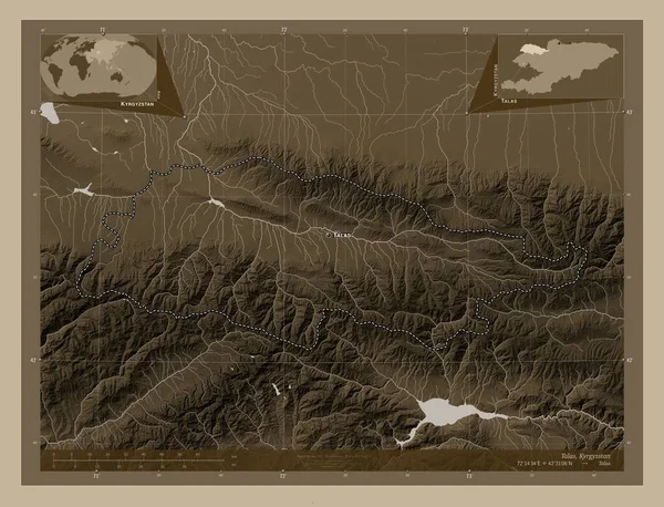 Talas Provincia Kirguistán Mapa Elevación Coloreado Tonos Sepia Con Lagos —  Fotos de Stock