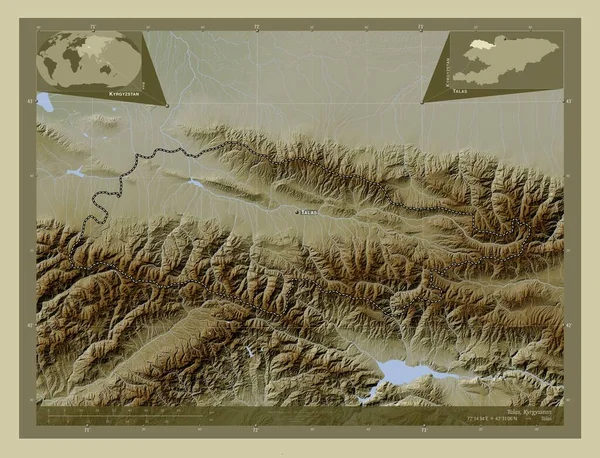 キルギスのタラス県 湖や川とWikiスタイルで着色された標高マップ 地域の主要都市の位置と名前 コーナー補助位置図 — ストック写真