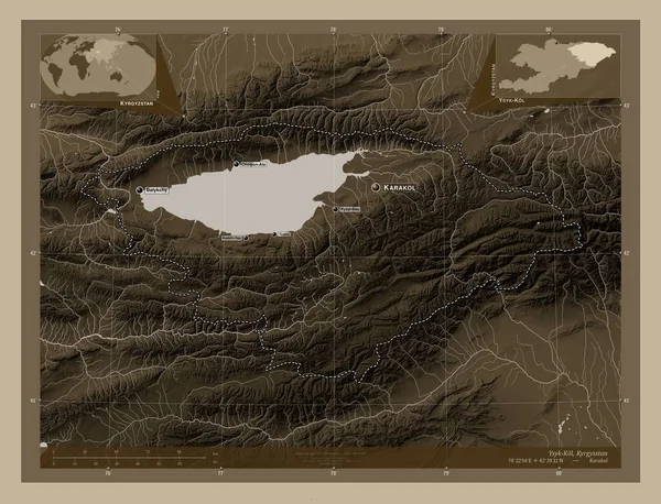 Ysyk Kol Province Kyrgyzstan Elevation Map Colored Sepia Tones Lakes — Stock Photo, Image