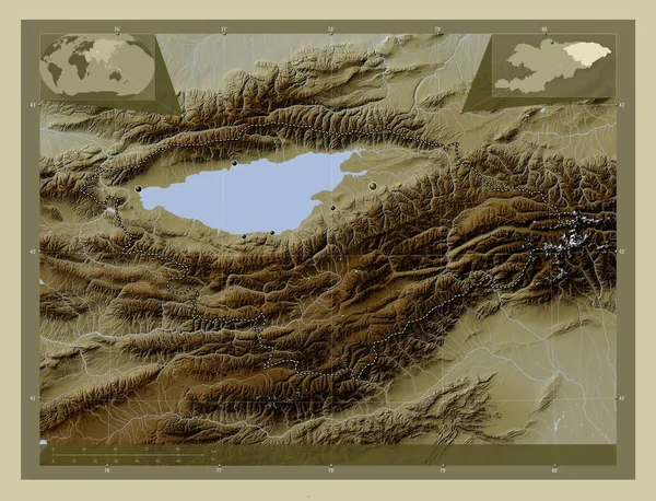 Ysyk Kol 吉尔吉斯斯坦省 用Wiki风格绘制的带有湖泊和河流的高程地图 该区域主要城市的所在地点 角辅助位置图 — 图库照片