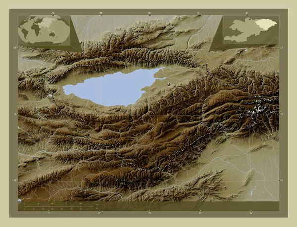 Ysyk Kol Prowincja Kirgistan Mapa Wzniesień Kolorowa Stylu Wiki Jeziorami — Zdjęcie stockowe