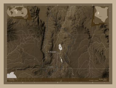 Baringo, Kenya ilçesi. Yükseklik haritası sepya tonlarında göller ve nehirlerle renklendirilmiş. Bölgenin büyük şehirlerinin yerleri ve isimleri. Köşedeki yedek konum haritaları