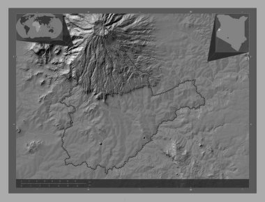 Bungoma, Kenya ilçesi. Göllü ve nehirli çift katlı yükseklik haritası. Bölgenin büyük şehirlerinin yerleri. Köşedeki yedek konum haritaları