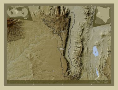 Elgeyo-Marakwet, Kenya ilçesi. Yükseklik haritası göller ve nehirlerle wiki tarzında renklendirilmiş. Bölgenin büyük şehirlerinin yerleri ve isimleri. Köşedeki yedek konum haritaları