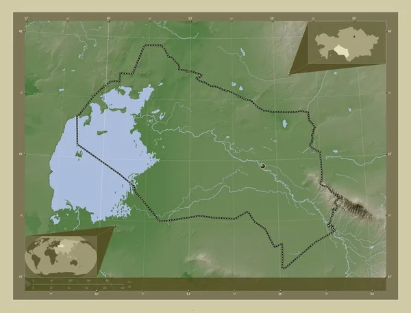 Qyzylorda Region Kazakhstan Elevation Map Colored Wiki Style Lakes Rivers — Stock Photo, Image