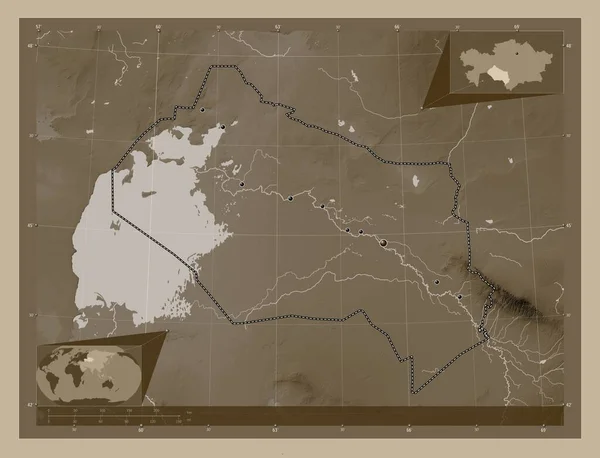 Кызылорда Область Казахстана Карта Высоты Окрашенная Сепиевые Тона Озерами Реками — стоковое фото