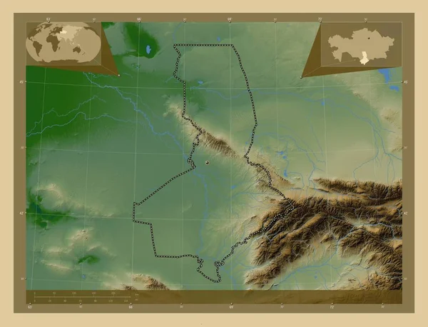 Cazaquistão Sul Região Cazaquistão Mapa Elevação Colorido Com Lagos Rios — Fotografia de Stock