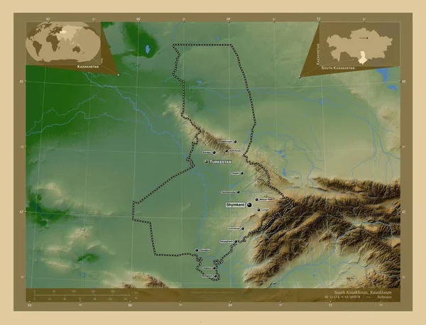 Південний Казахстан Казахстан Кольорові Карти Висот Озерами Річками Місця Розташування — стокове фото