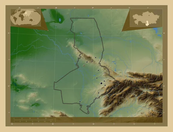 South Kazakhstan Region Kazakhstan Colored Elevation Map Lakes Rivers Locations — Stock Photo, Image