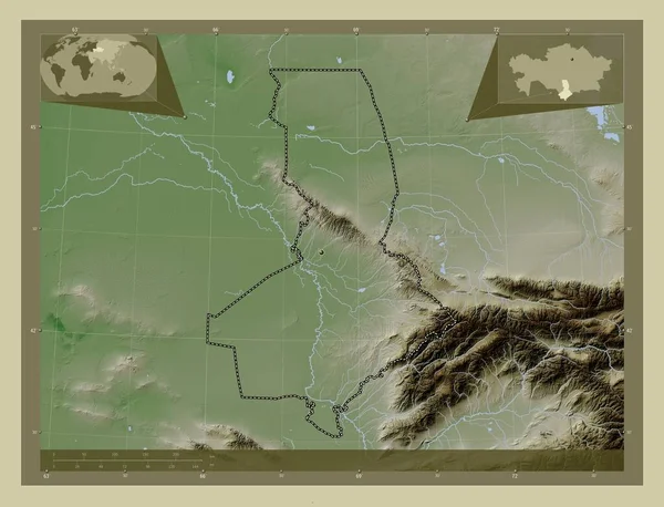 南哈萨克斯坦 哈萨克斯坦地区 用Wiki风格绘制的带有湖泊和河流的高程地图 角辅助位置图 — 图库照片