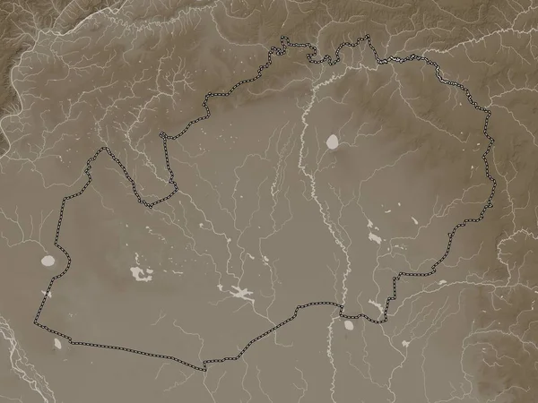 West Kazakhstan Region Kazakhstan Elevation Map Colored Sepia Tones Lakes — Stock Photo, Image