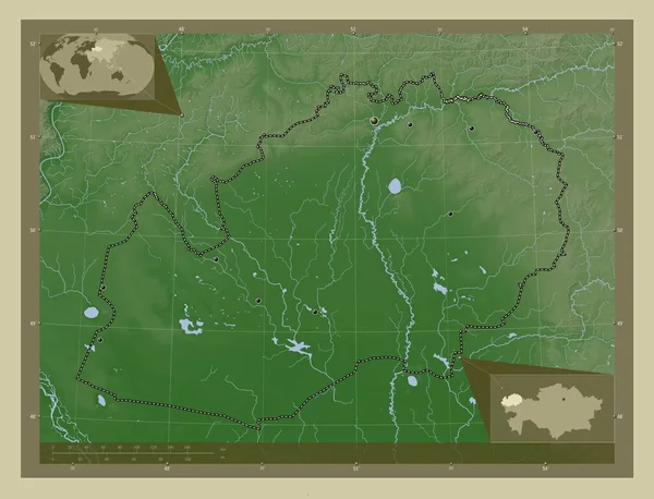 西カザフスタン州 カザフスタンの地域 湖や川とWikiスタイルで着色された標高マップ 地域の主要都市の場所 コーナー補助位置図 — ストック写真