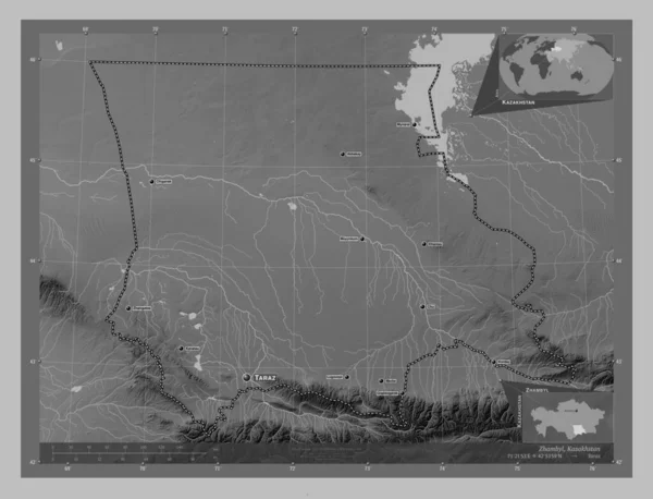 Zhambyl Region Kasachstan Graustufen Höhenkarte Mit Seen Und Flüssen Orte — Stockfoto