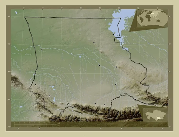 Žambyl Oblast Kazachstánu Zdvihová Mapa Zbarvená Stylu Wiki Jezery Řekami — Stock fotografie