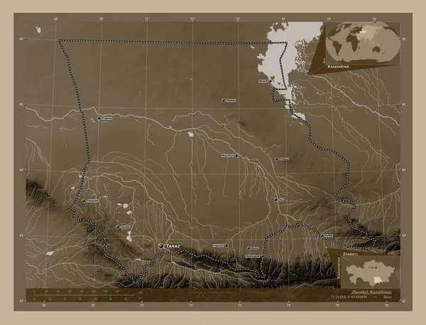 Zhambyl Wilayah Kazakhstan Peta Ketinggian Berwarna Sepia Tones Dengan Danau — Stok Foto