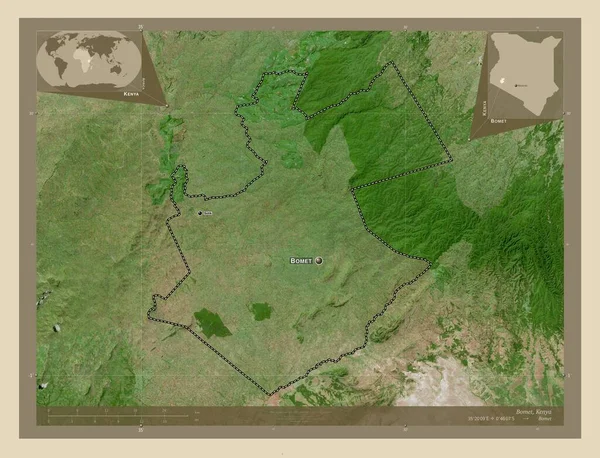 ケニアの郡ボメット 高解像度衛星地図 地域の主要都市の位置と名前 コーナー補助位置図 — ストック写真