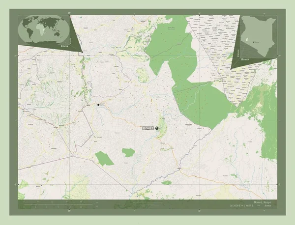 肯尼亚县 开放街道地图 该区域主要城市的地点和名称 角辅助位置图 — 图库照片