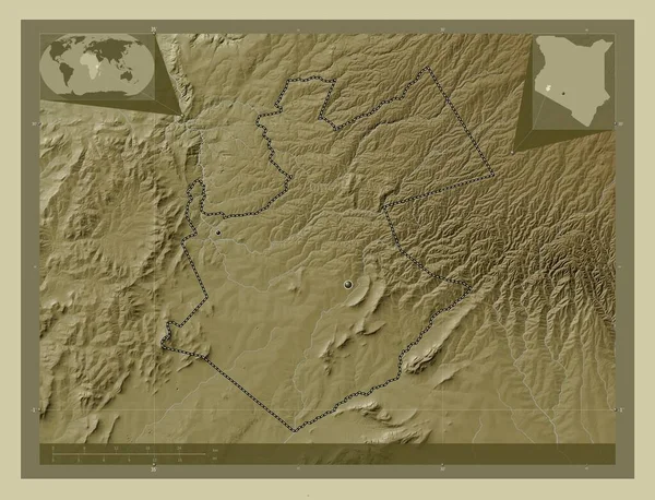 肯尼亚县 用Wiki风格绘制的带有湖泊和河流的高程地图 该区域主要城市的所在地点 角辅助位置图 — 图库照片