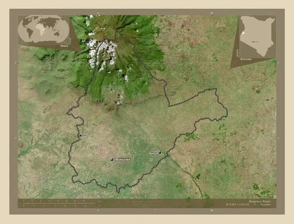 肯尼亚邦戈马县 高分辨率卫星地图 该区域主要城市的地点和名称 角辅助位置图 — 图库照片