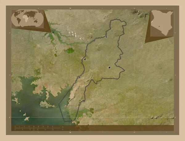 ケニアの郡ブシア 低解像度衛星地図 地域の主要都市の場所 コーナー補助位置図 — ストック写真