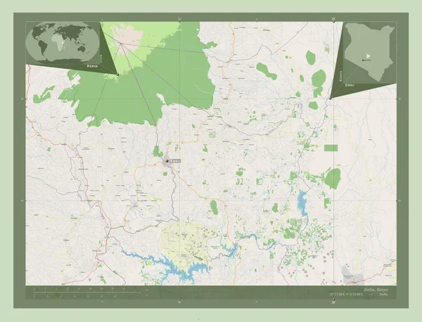 ケニアの郡エンブ ストリートマップを開く 地域の主要都市の位置と名前 コーナー補助位置図 — ストック写真