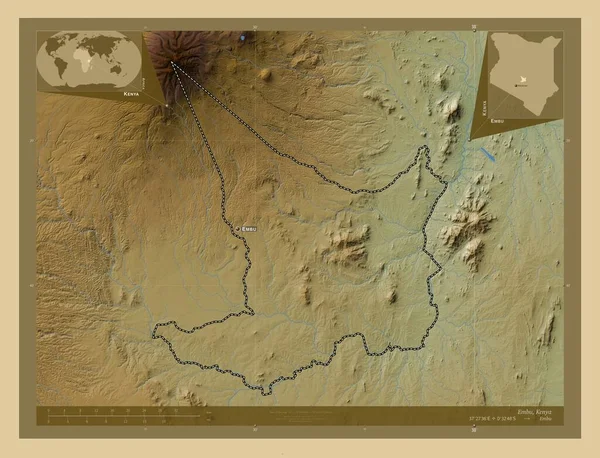 Embu Daerah Kenya Peta Elevasi Berwarna Dengan Danau Dan Sungai — Stok Foto