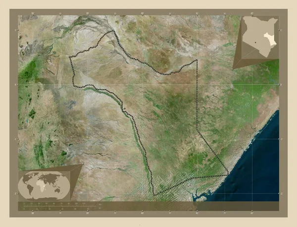 加里萨 肯尼亚县 高分辨率卫星地图 该区域主要城市的所在地点 角辅助位置图 — 图库照片