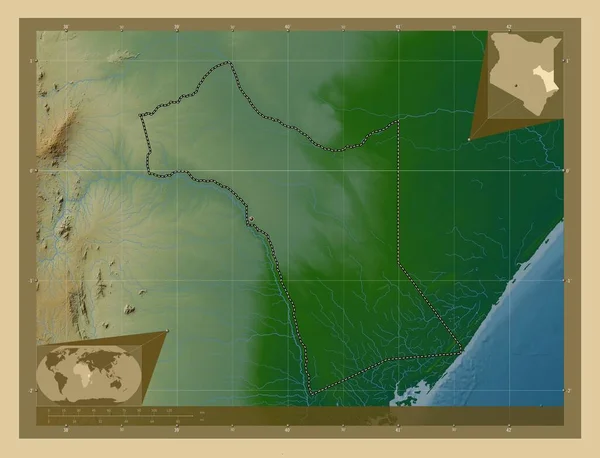 ケニアの郡 ガリッサ 湖や川と色の標高マップ コーナー補助位置図 — ストック写真