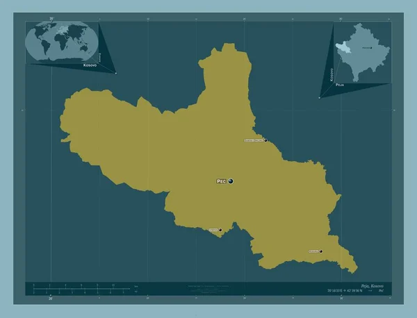 コソボの自治体 しっかりした色の形 地域の主要都市の位置と名前 コーナー補助位置図 — ストック写真