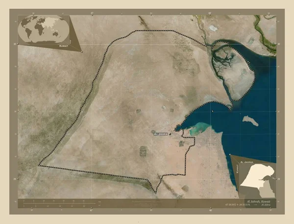 クウェート国アル ジャラー 高解像度衛星地図 地域の主要都市の位置と名前 コーナー補助位置図 — ストック写真
