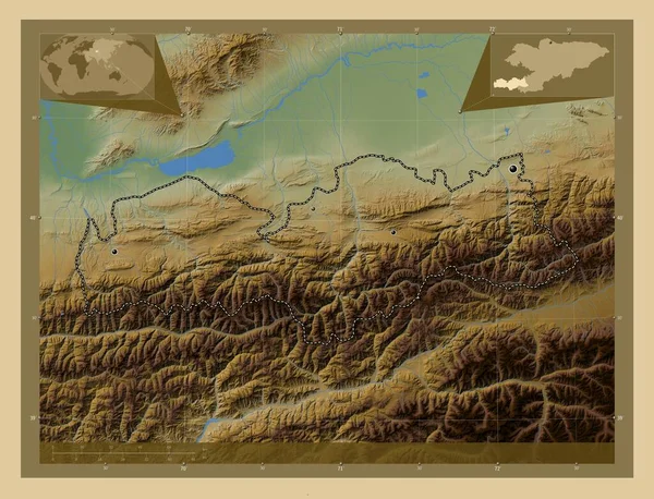 キルギスのバトケン州 湖や川と色の標高マップ 地域の主要都市の場所 コーナー補助位置図 — ストック写真