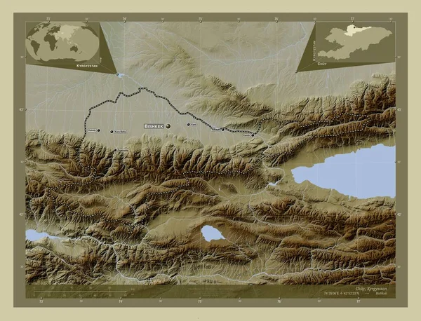 Chuy Provincia Kirguistán Mapa Elevación Coloreado Estilo Wiki Con Lagos — Foto de Stock