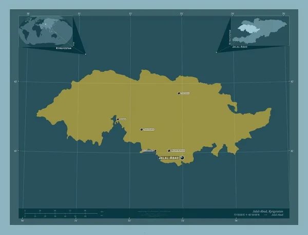 キルギス共和国のジャラル アバド県 しっかりした色の形 地域の主要都市の位置と名前 コーナー補助位置図 — ストック写真