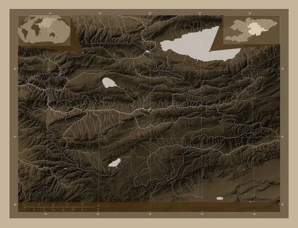 Naryn Province Kyrgyzstan Elevation Map Colored Sepia Tones Lakes Rivers — Stock Photo, Image
