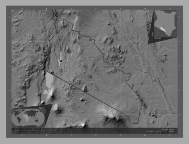 Kajiado, Kenya ilçesi. Göllü ve nehirli çift katlı yükseklik haritası. Bölgenin büyük şehirlerinin yerleri ve isimleri. Köşedeki yedek konum haritaları