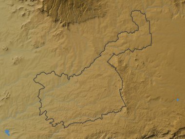 Kakamega, Kenya ilçesi. Gölleri ve nehirleri olan renkli yükseklik haritası