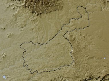 Kakamega, Kenya ilçesi. Yükseklik haritası göller ve nehirlerle wiki stilinde renklendirilmiştir