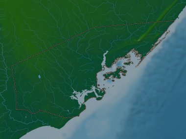 Lamu, Kenya ilçesi. Gölleri ve nehirleri olan renkli yükseklik haritası