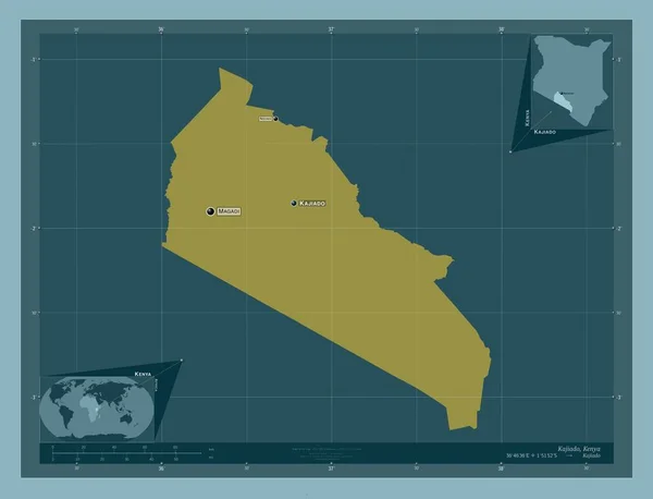 ケニアの郡 カジアド しっかりした色の形 地域の主要都市の位置と名前 コーナー補助位置図 — ストック写真