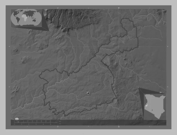 ケニアのカカメガ郡 湖や川とグレースケールの標高マップ コーナー補助位置図 — ストック写真