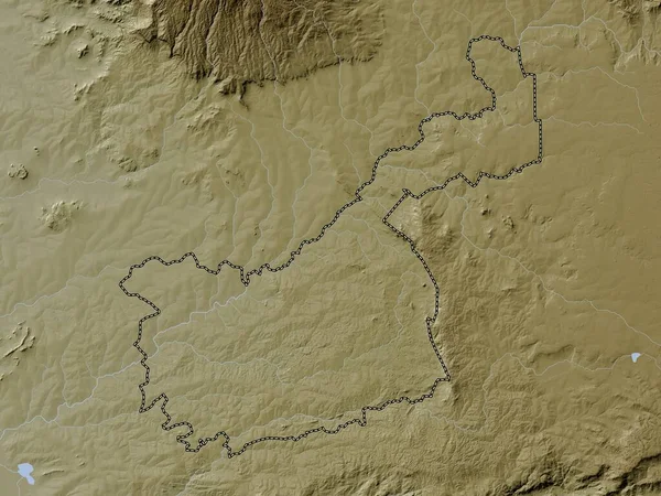 Kakamega, Kenya ilçesi. Yükseklik haritası göller ve nehirlerle wiki stilinde renklendirilmiştir