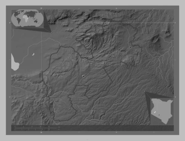 ケリコ ケニアの郡 湖や川とグレースケールの標高マップ 地域の主要都市の場所 コーナー補助位置図 — ストック写真